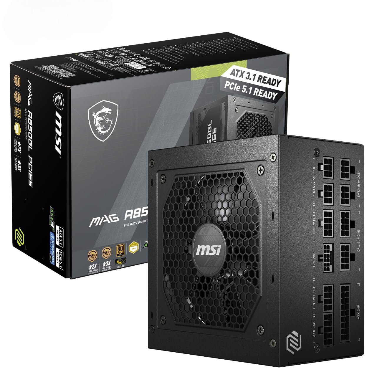 MSI MAG A850GL PCIE5 Power Supply Unit, 850W, 80 Plus Gold